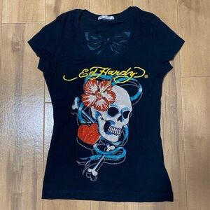 Ed Hardy Black Tee with Multicolor Skull and Floral Graphic